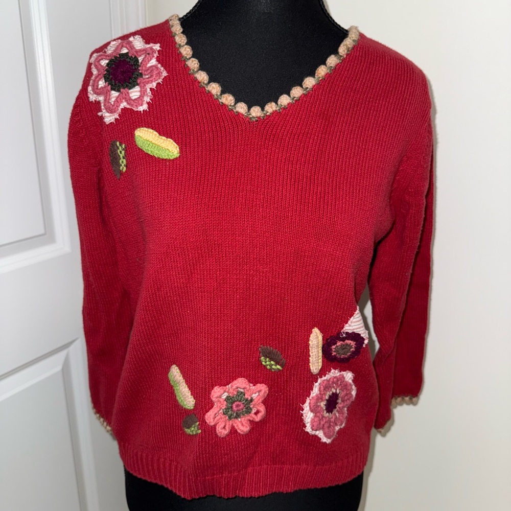 Red Sweater with Embroidered Flowers